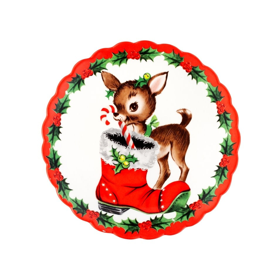 8-inch vintage ceramic dessert plate with scalloped edges featuring a red reindeer Christmas pattern.