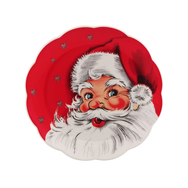 8-inch vintage ceramic dessert plate with red scalloped edges featuring a Santa Claus Christmas pattern.
