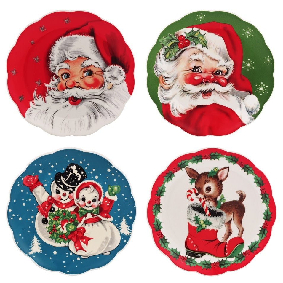 8-inch vintage ceramic dessert plate with scalloped edges featuring a red Christmas pattern.