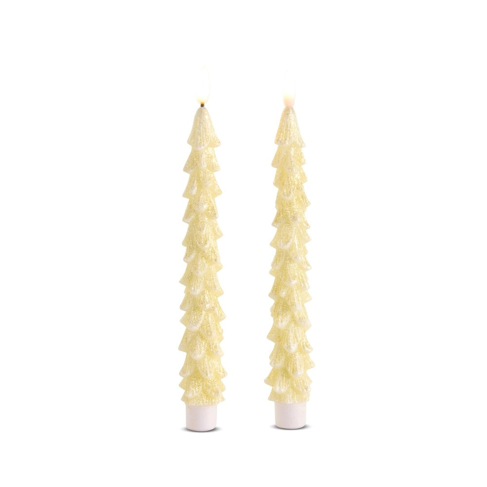 Set of two 8.5 inch glittered gold tree-shaped battery-operated taper candles.