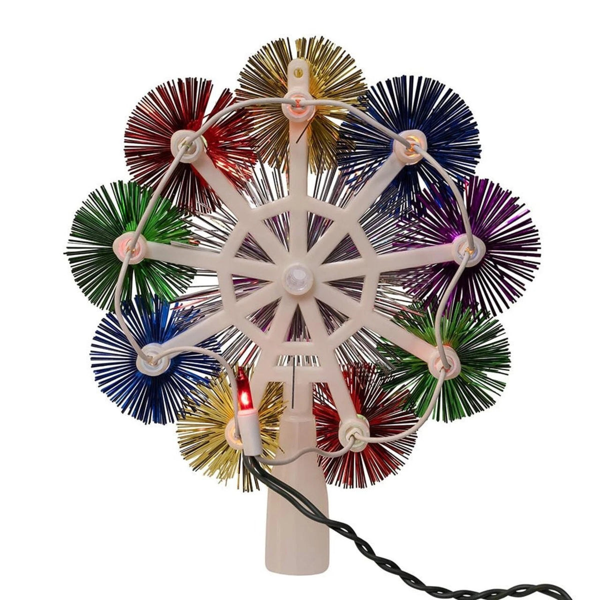 8.5-inch retro 9-point star tree topper with multicolor tinsel bursts and 10 lights.