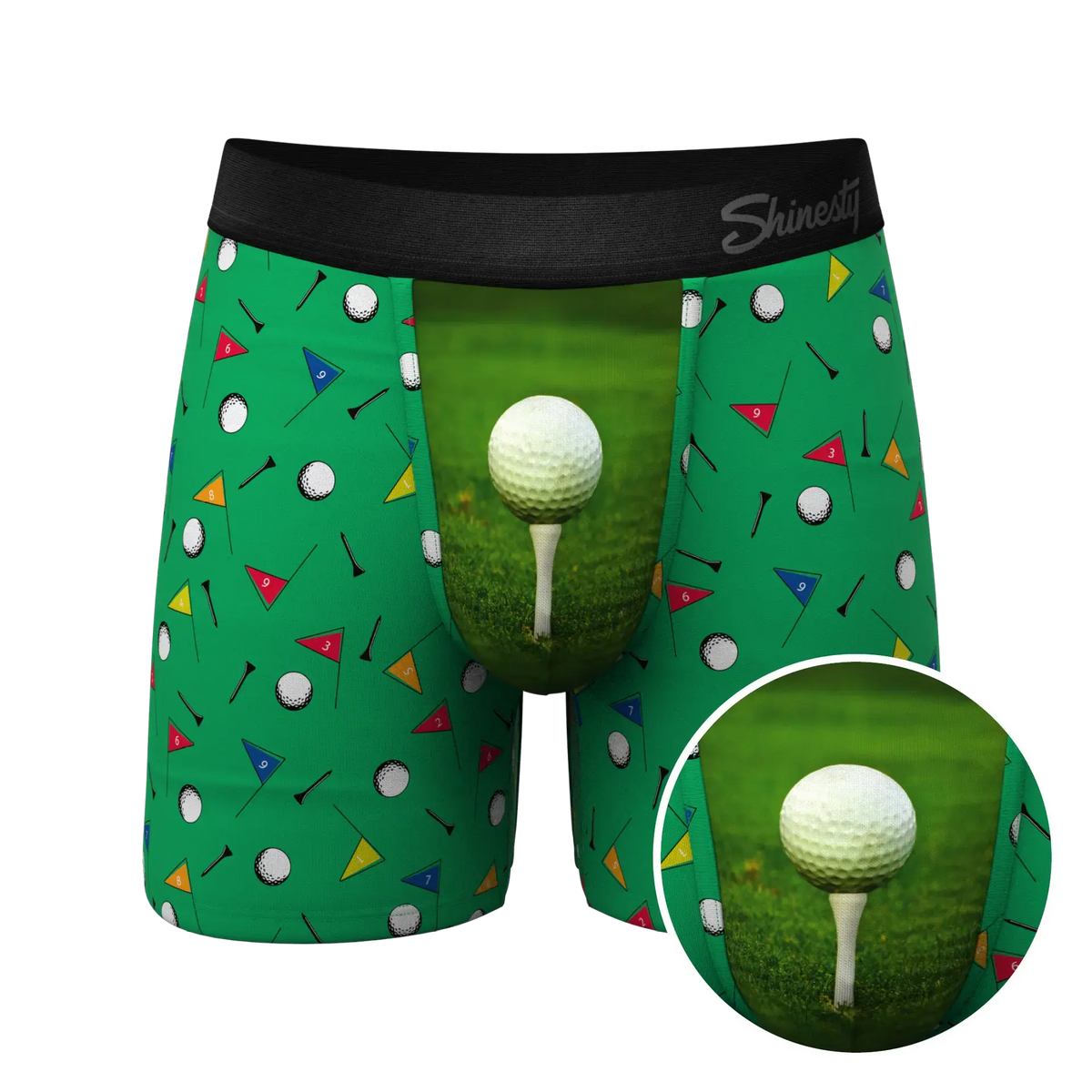 Green hammock pouch underwear with a golf ball on a tee print and black Shinesty waistband.