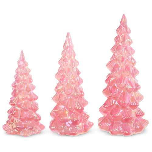 Glass decorative tree with pink iridescent finish and built-in lighting