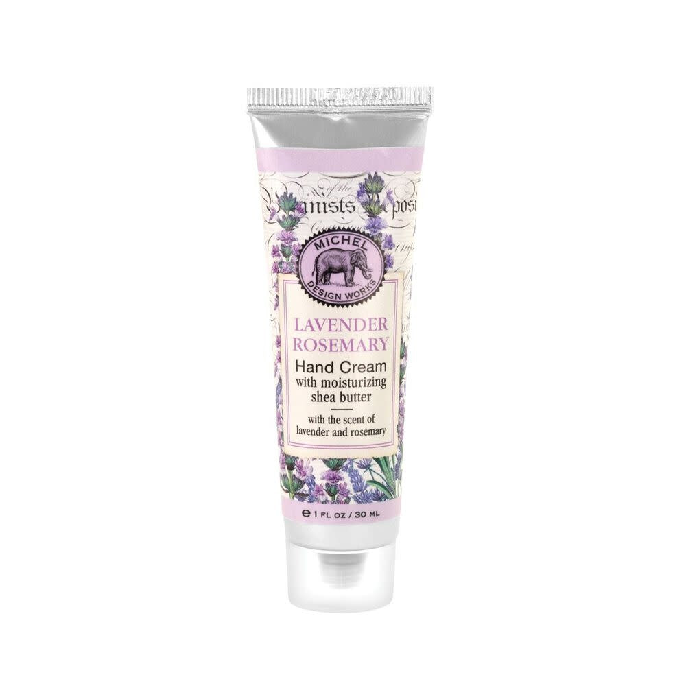 Mini tube hand cream with honey almond fragrance in a sleek white container.