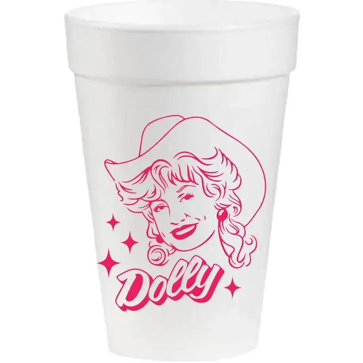 White 16oz styrofoam cup featuring a pink graphic of Dolly Parton wearing a cowboy hat.