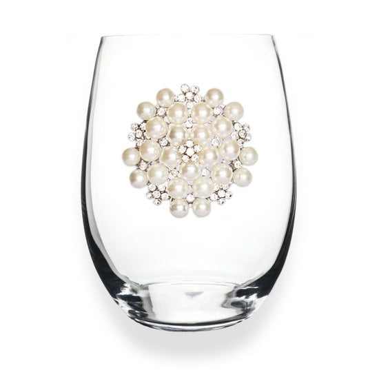 Handcrafted stemless wine glass with jeweled embellishments around the rim in clear crystal.