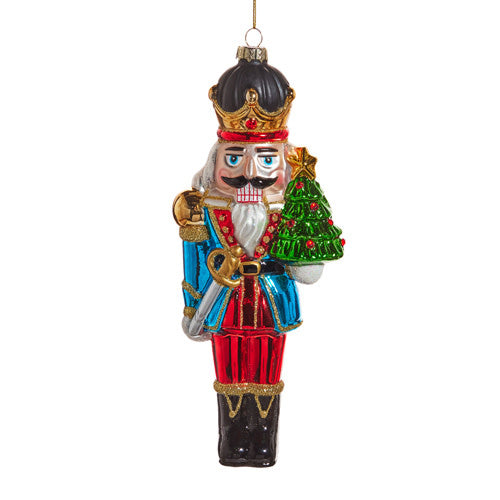 Red glass nutcracker ornament with a classic soldier silhouette measuring 8.25 inches tall.