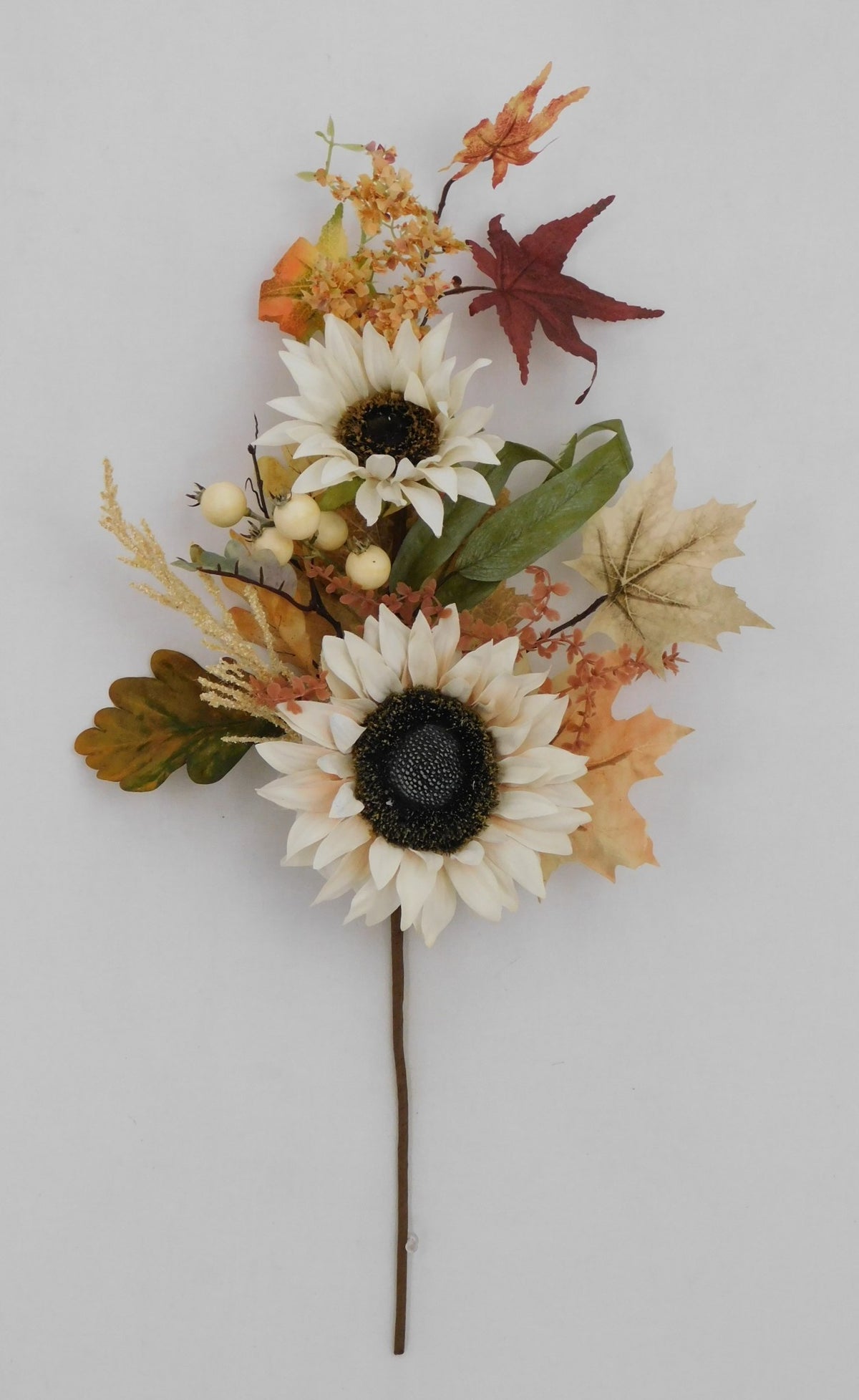 28-inch artificial floral spray featuring two beige sunflowers, autumn leaves, and berries.