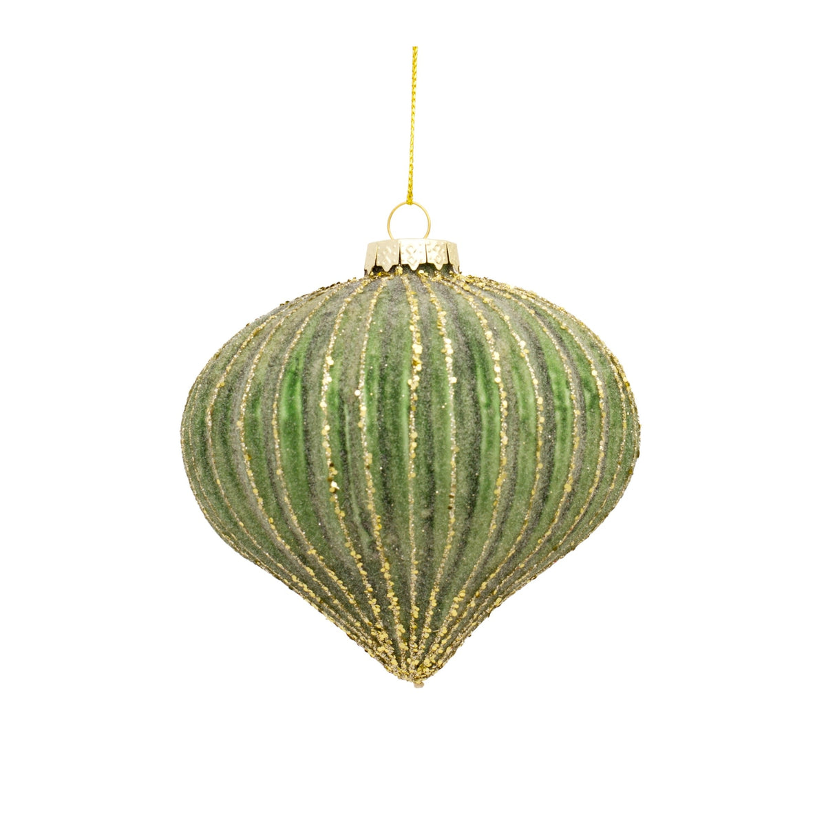 Green glass holiday ornament with a smooth spherical shape.