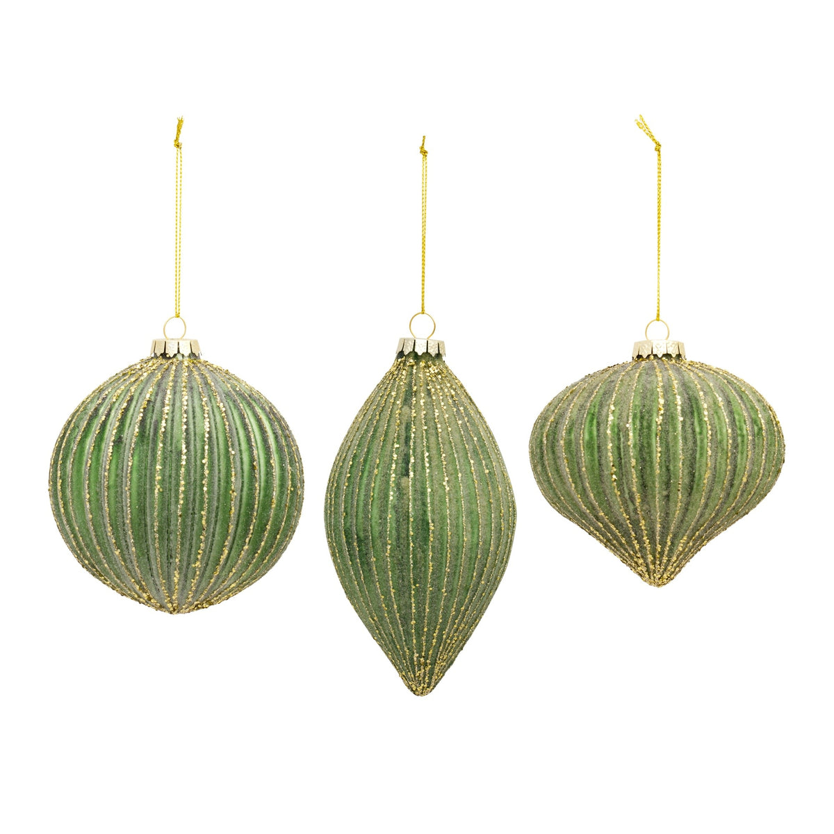 Green glass holiday ornament with a classic round shape.