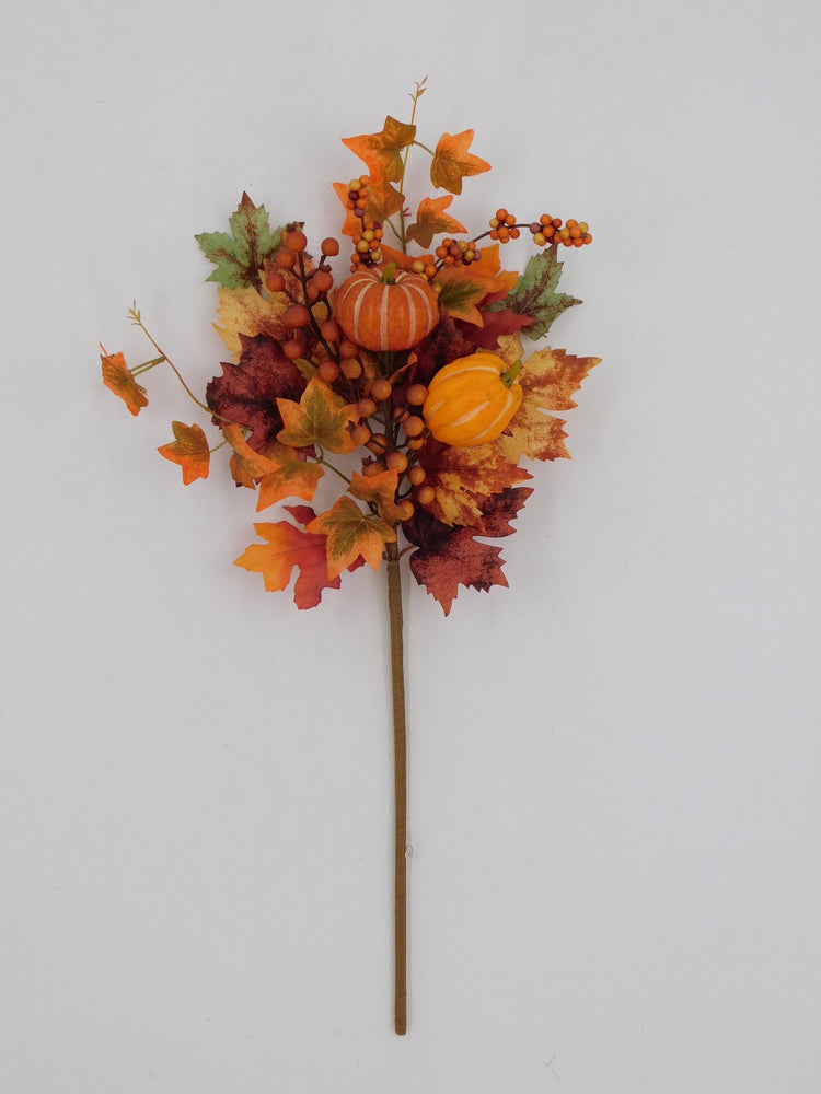 30-inch artificial autumn spray with two orange pumpkins, fall-colored leaves, and small berries.