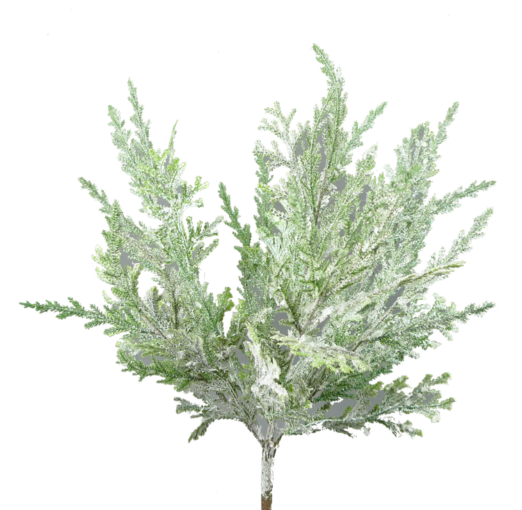 Glitter pine bush artificial greenery with silver sparkle accents in a 20-inch wide silhouette.