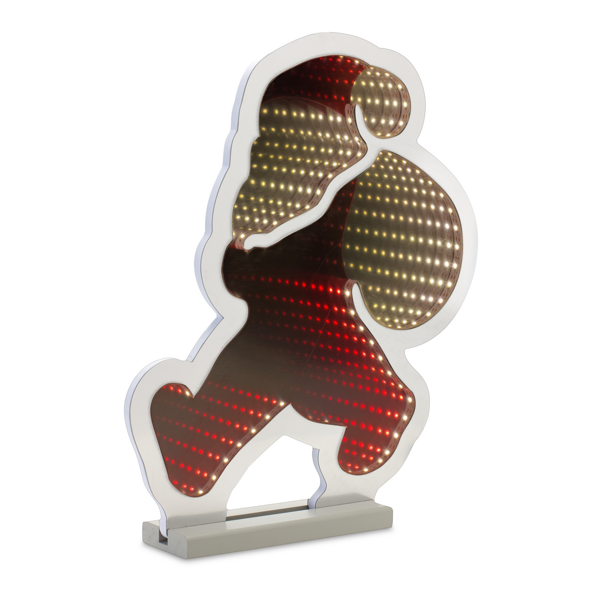 Santa Infinity Light: a glowing red LED reindeer head with antlers on a black stand.