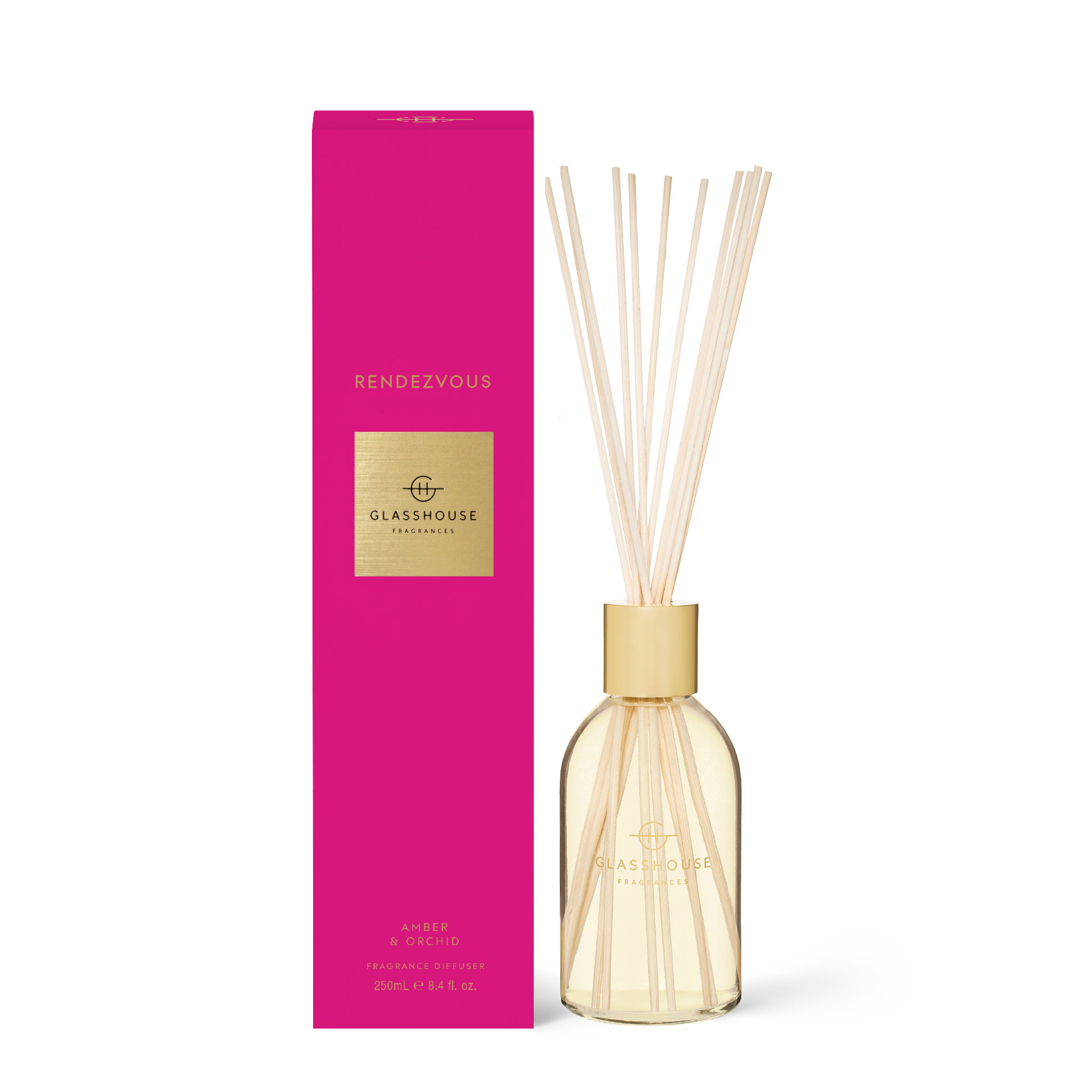 8.4 fl oz glass diffuser bottle with white floral bouquet label featuring Rendezvous fragrance.