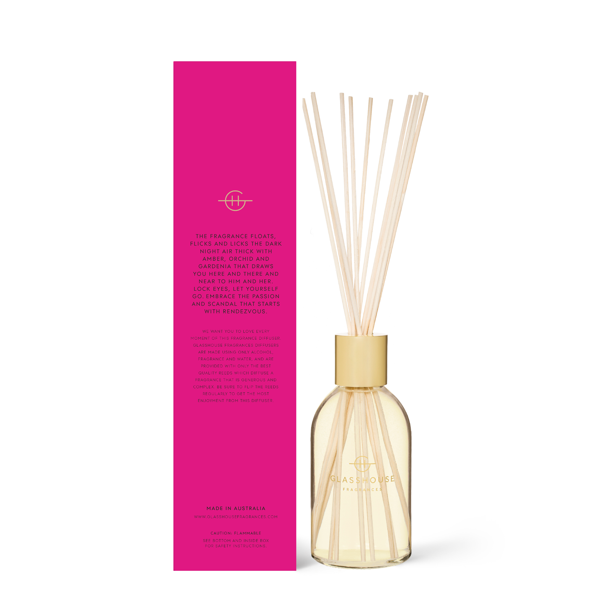 8.4 fl oz glass diffuser bottle with white floral bouquet label featuring sugar cane and orchid notes.