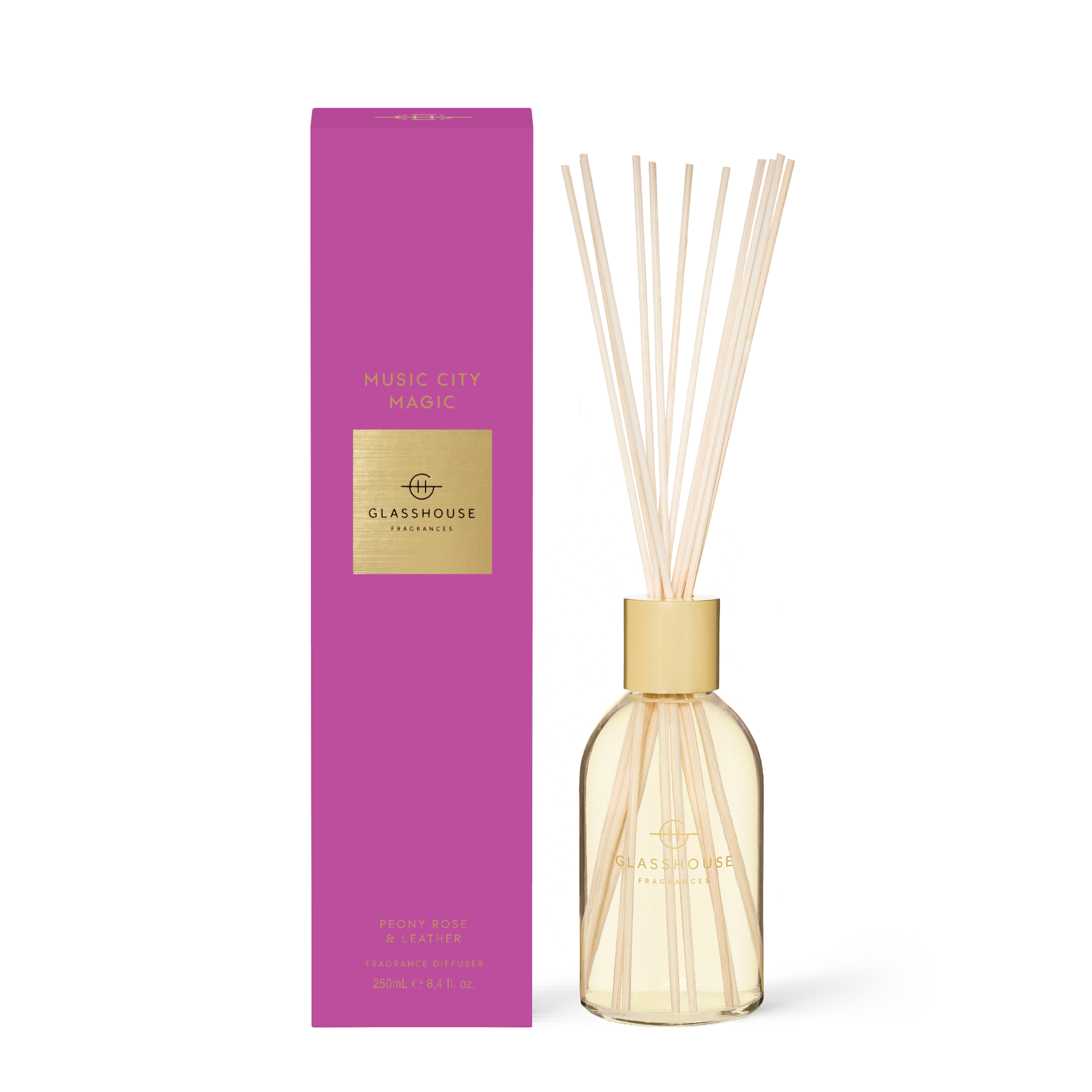 8.4 fl oz Music City Magic diffuser with amber violet peony rose leather scent in a clear bottle.