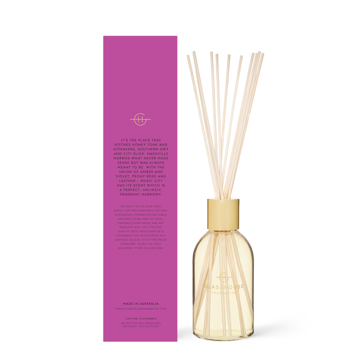8.4 fl oz Music City Magic diffuser with amber violet peony rose leather scent in a clear bottle.