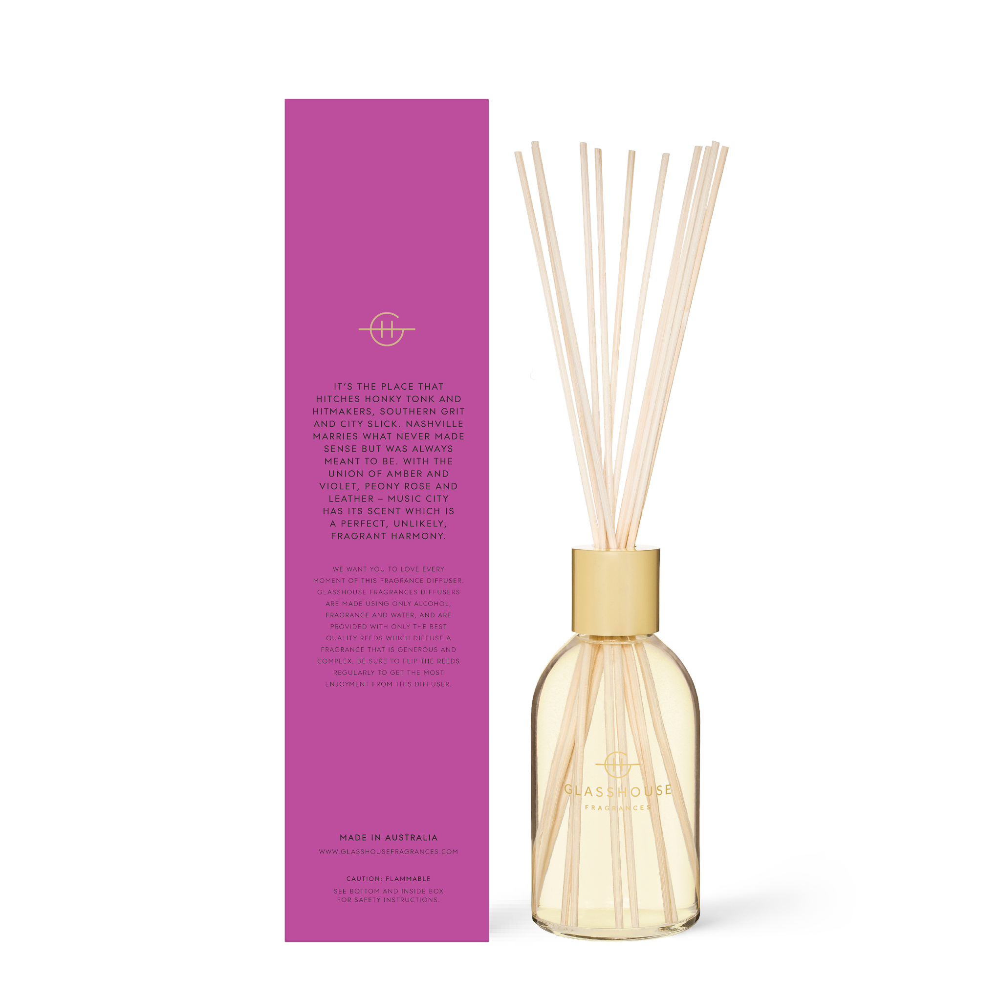 8.4 fl oz Music City Magic diffuser with amber violet peony rose leather scent in a clear bottle.