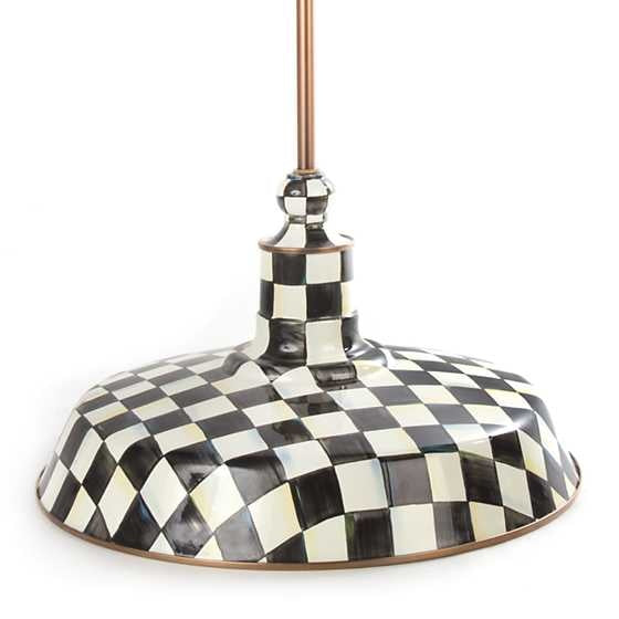 Hand-painted Courtly Check enamel barn pendant lamp with brass accents on sturdy steel