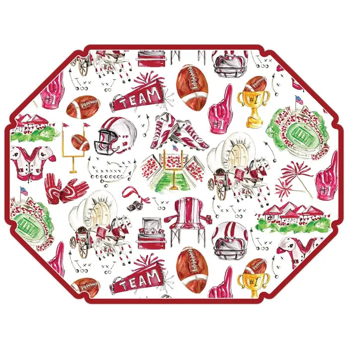 Hand-painted die-cut placemat featuring a colorful floral pattern on white background.
