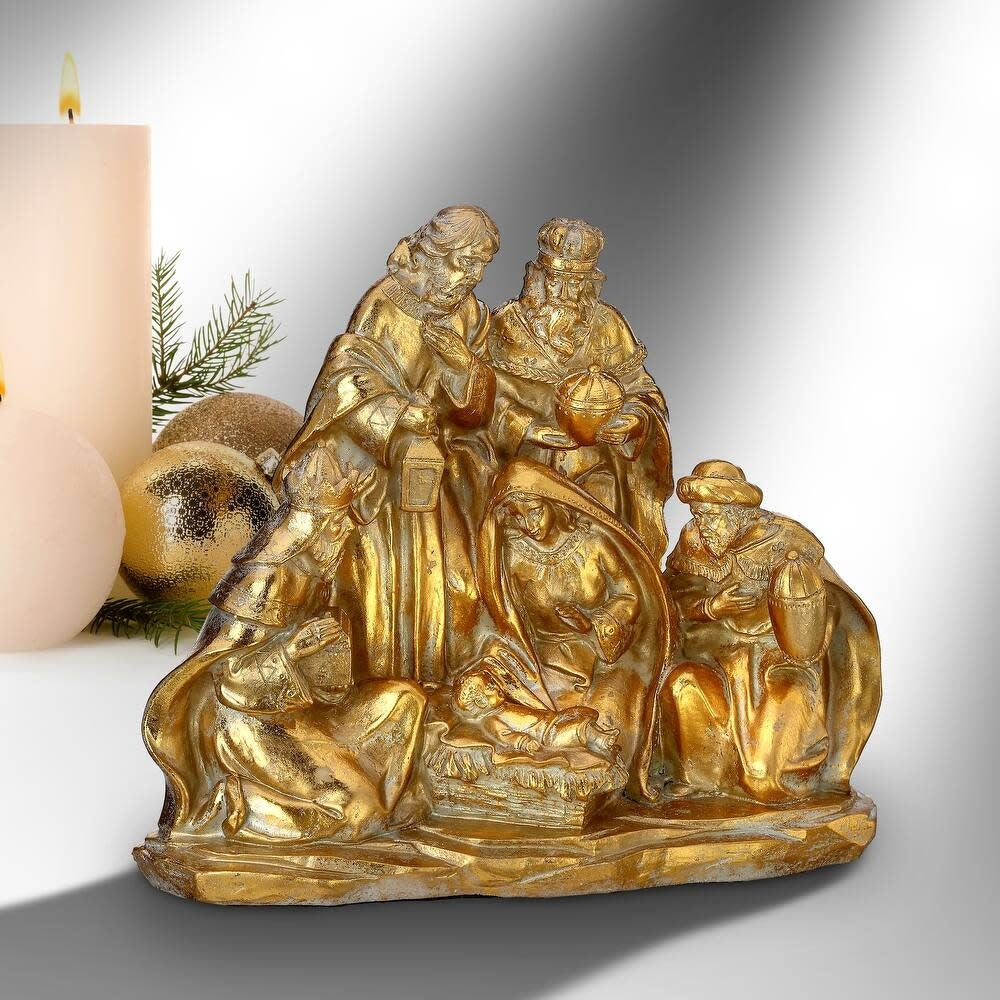 8.5-inch golden polyresin nativity scene figurine with detailed silhouettes and elegant design.