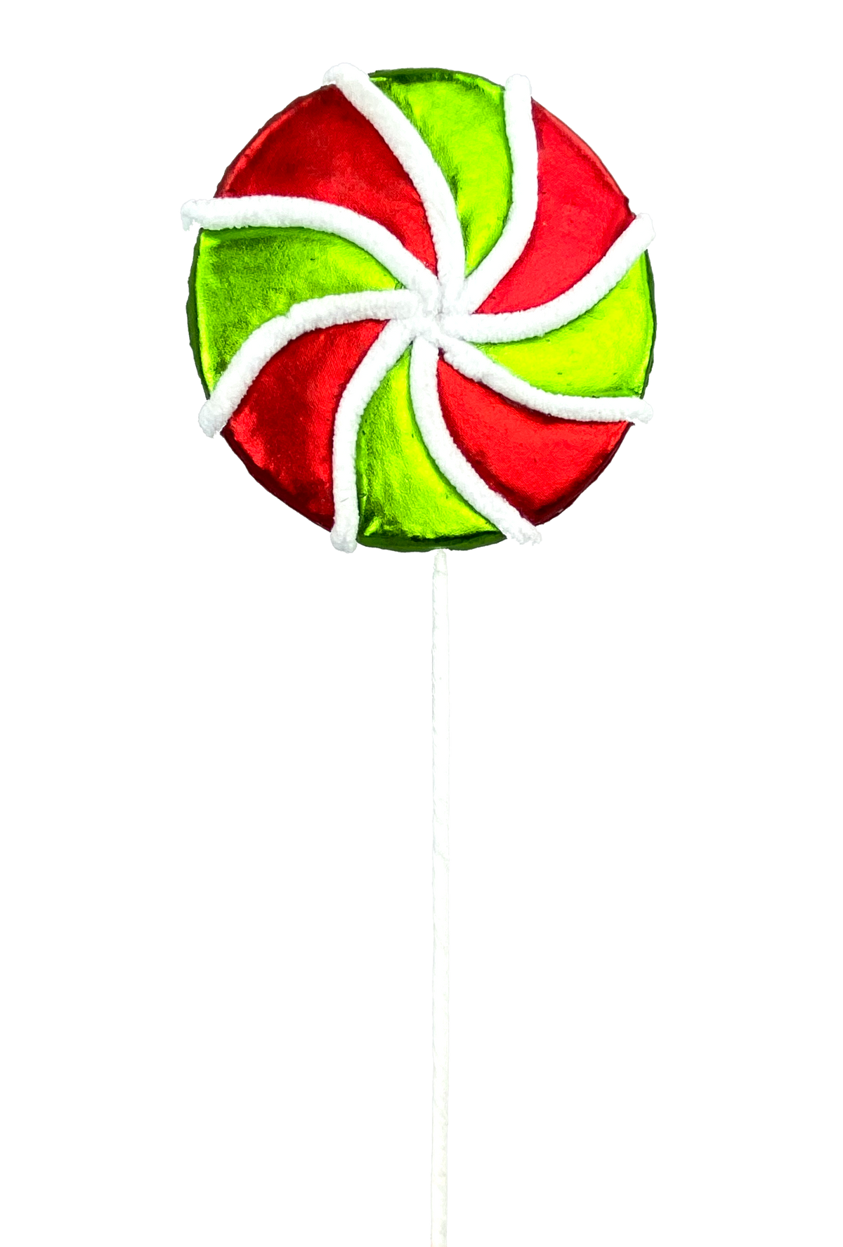 Metallic lollipop spray decoration with silver finish on a black stand
