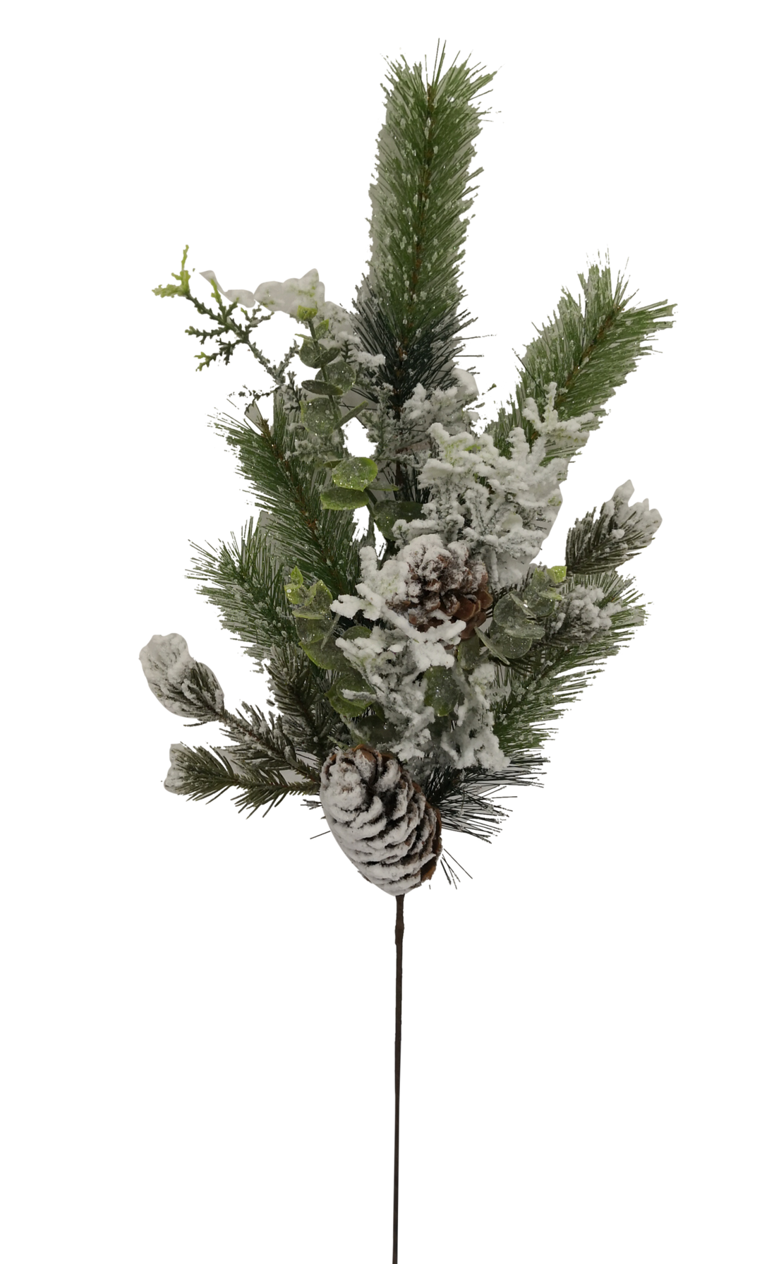 Frosted pinecone spray with white textured finish on green stems