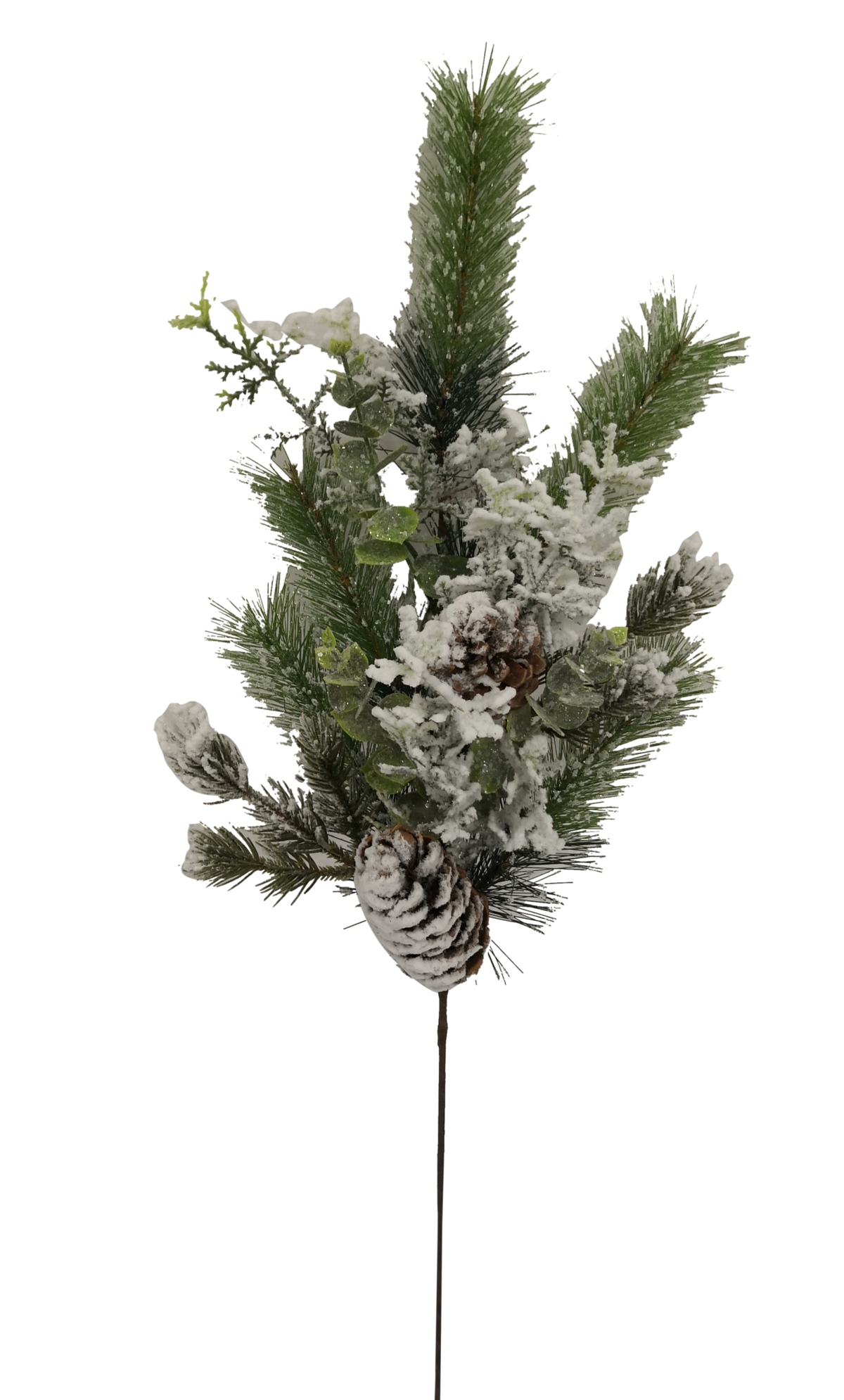 Frosted pinecone spray with white textured finish on green stems