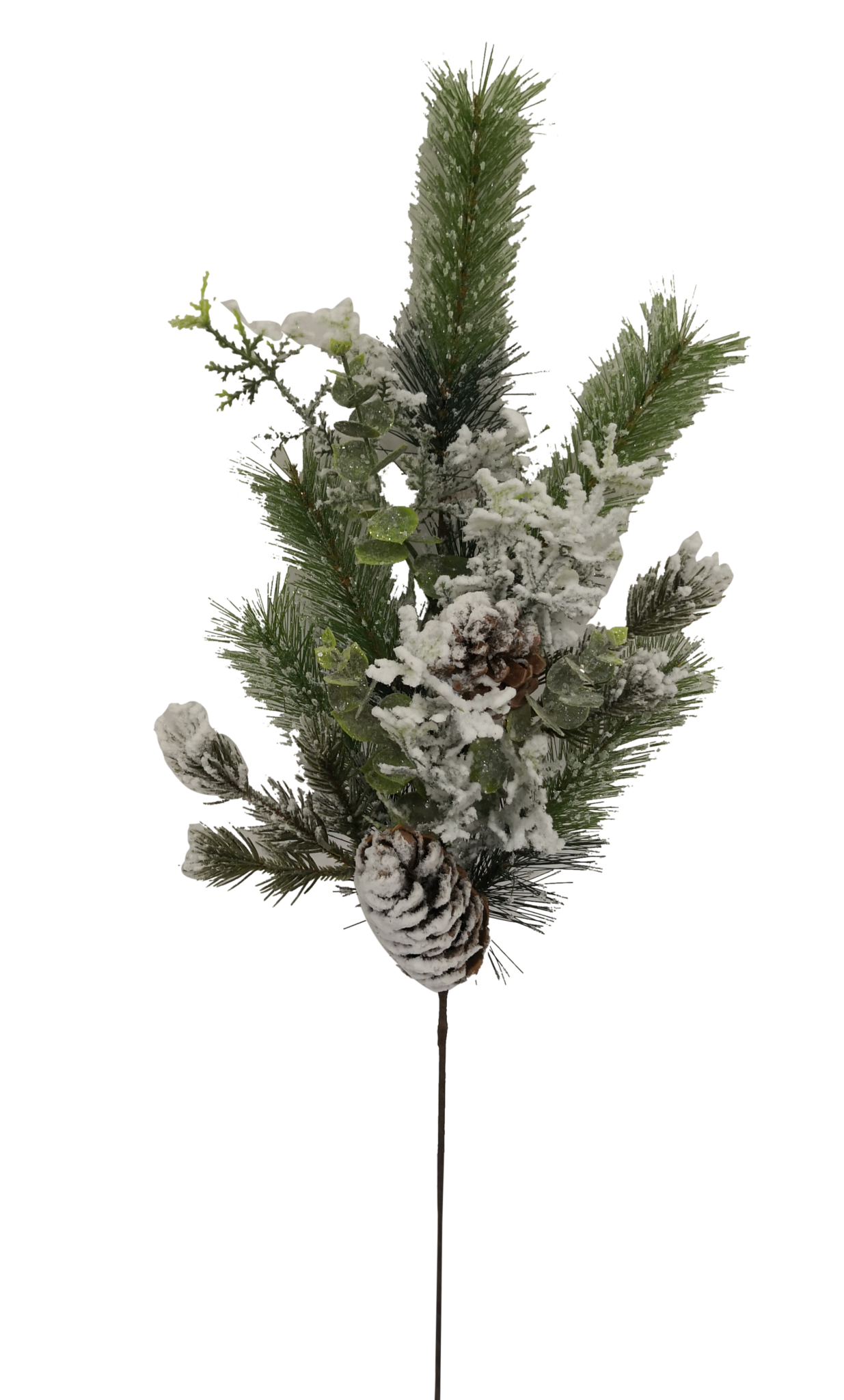 Frosted pinecone spray with white textured finish on green stems