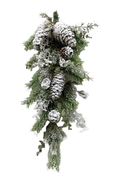 Frosted pinecone teardrop ornament with a white glittery finish on a clear stand.
