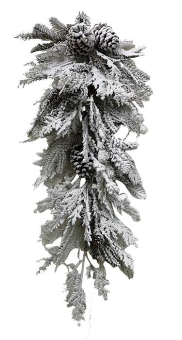 Flocked pine teardrop ornament with a white frosted finish on a dark green silhouette.