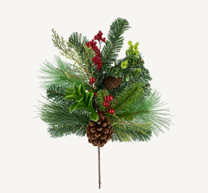 Berry-colored pinecone spray with green foliage accents on a white background.