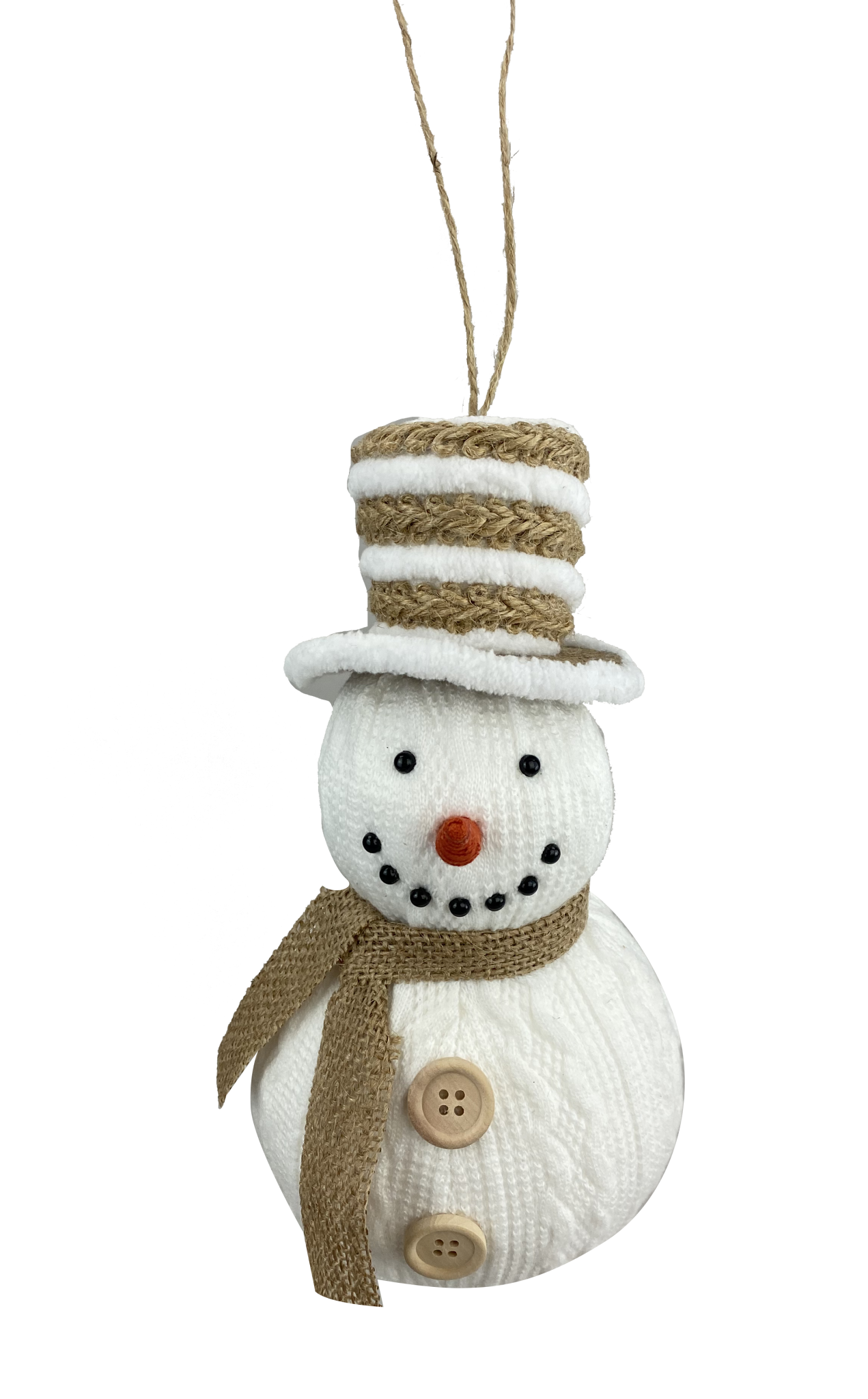 Knitted snowman ornament with a round body, black eyes, carrot nose, and red scarf.