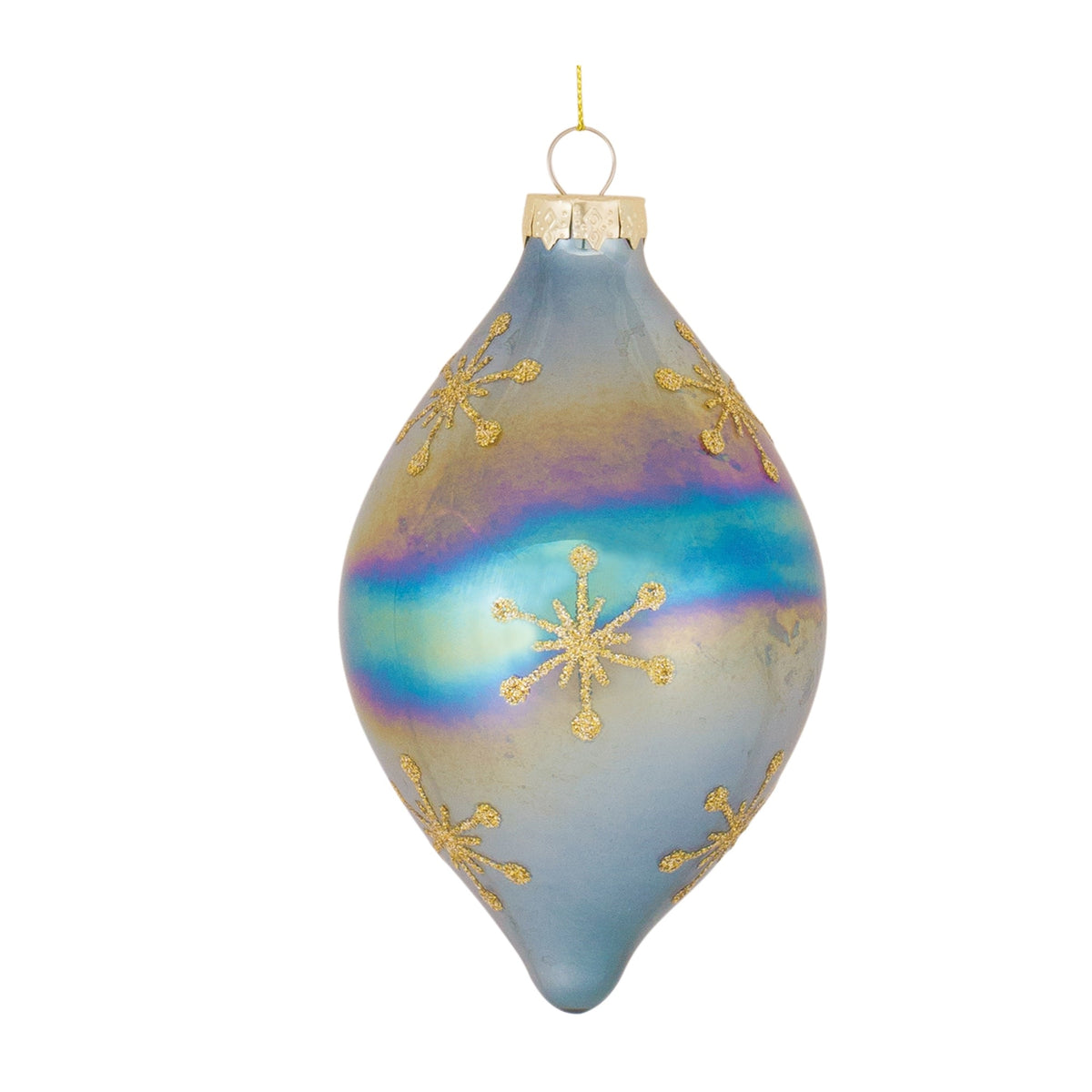 Glass ornament with intricate detailing and shimmering finish on a white background.