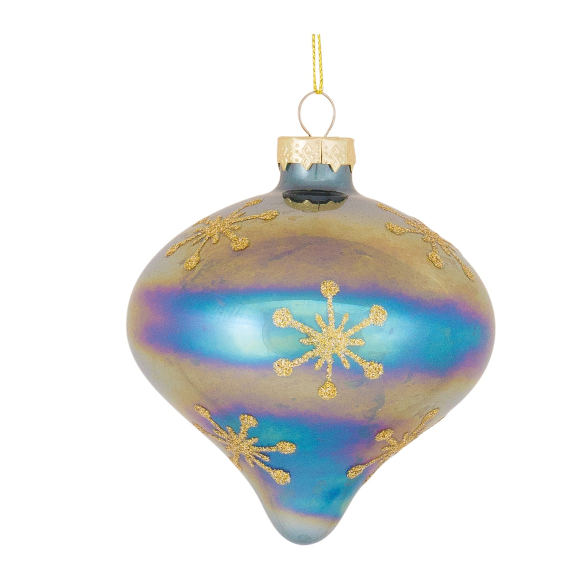 Glass ornament with intricate detailing and shimmering finish