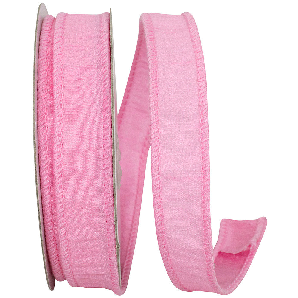 Pink Dupioni wired edge ribbon with a textured finish