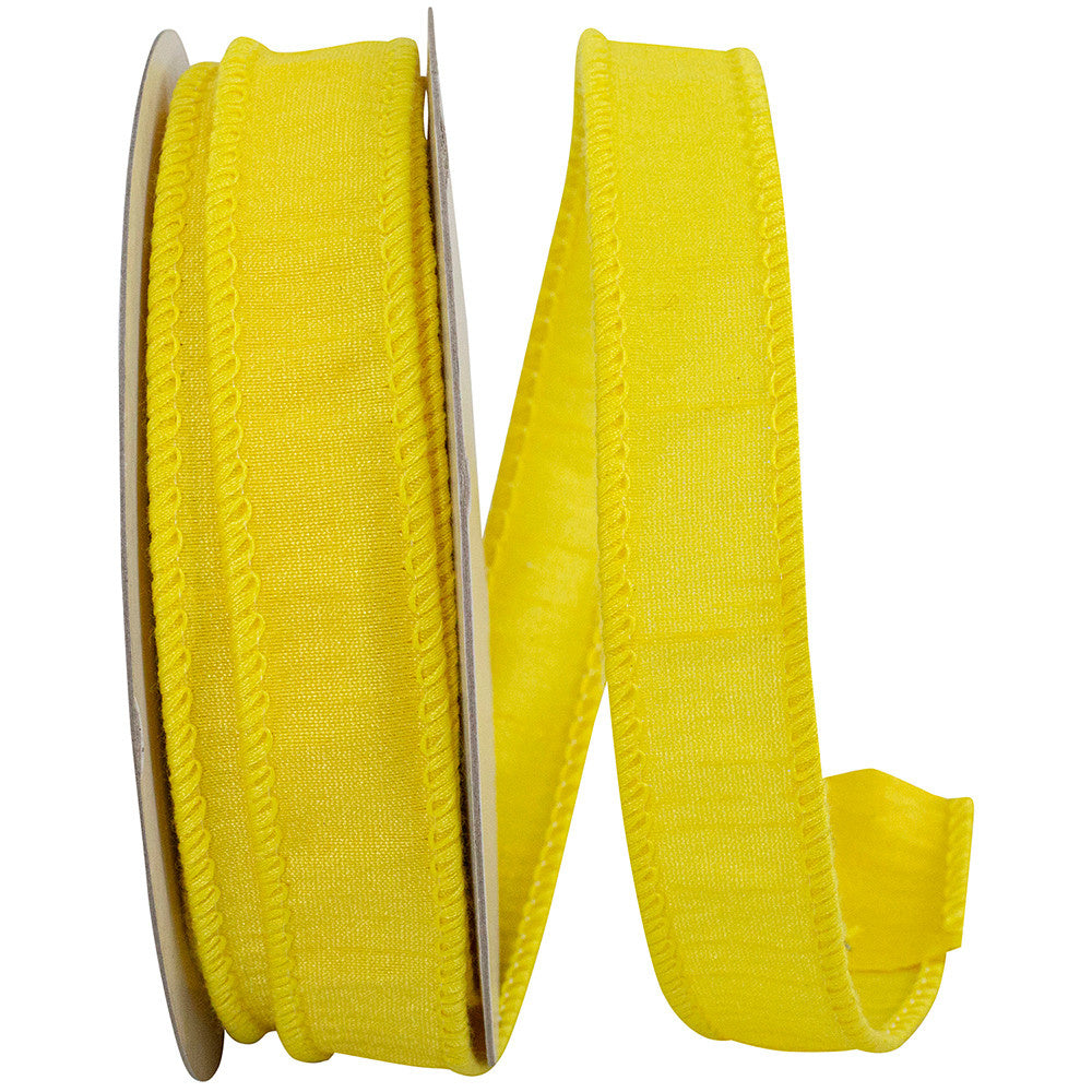 Yellow Dupioni wired edge ribbon with a textured finish.