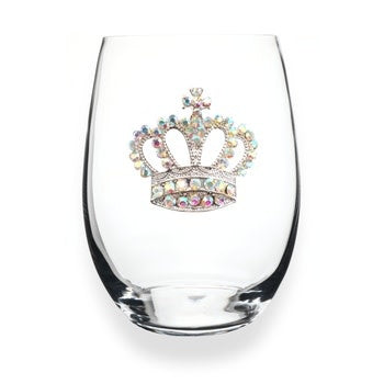 Handcrafted stemless wine glass with jeweled embellishments around the rim in clear crystal.
