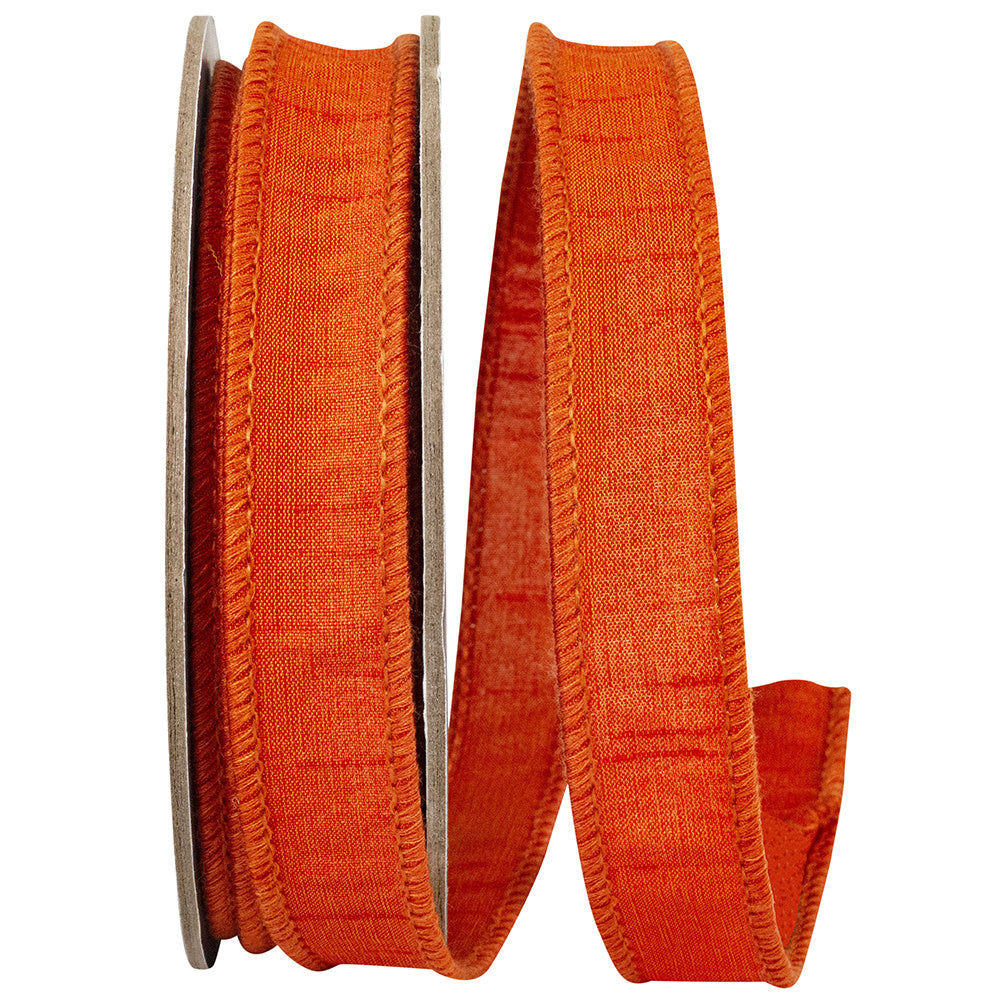 Orange Dupioni wired edge ribbon with a textured finish.