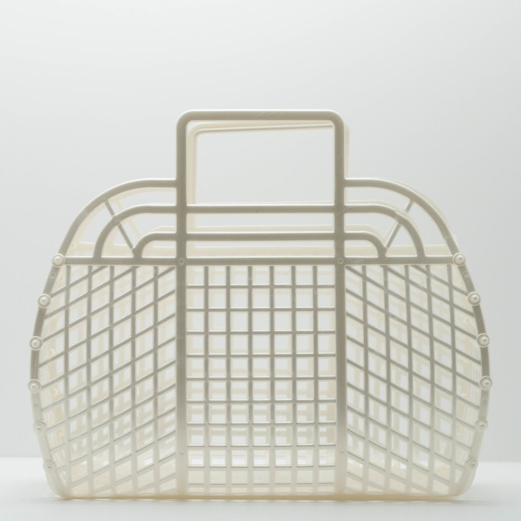 Large retro jelly basket in translucent blue with snap-bead construction.