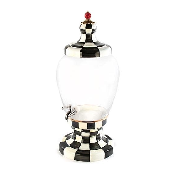 Courtly Check enamel beverage hostess with glass cylinder dispenser in signature black-and-white checkered pattern.