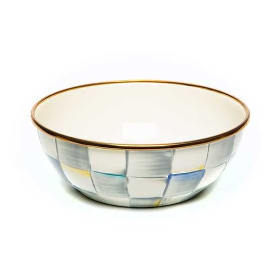 Hand-glazed steel everyday bowl with grey checkered enamel over a bronzed stainless rim.