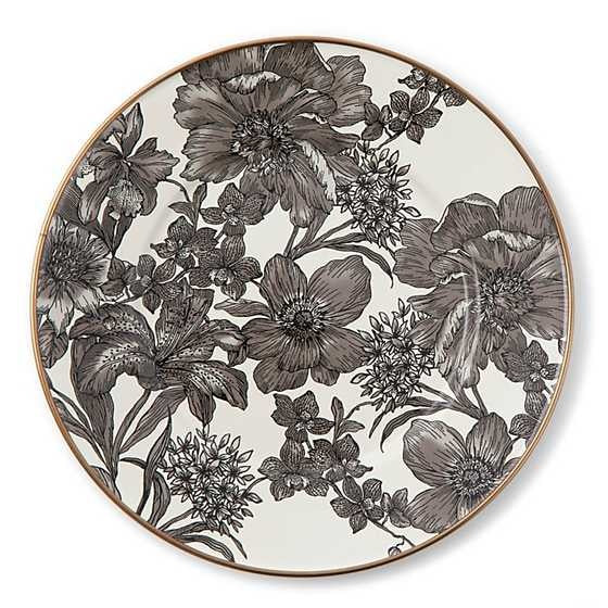 Black enamel salad plate with grey floral transfer pattern and bronzed stainless steel rim.