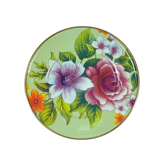 Green floral enamel salad plate with bronzed stainless steel rim