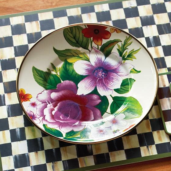 Green floral salad plate with bronzed stainless steel rim