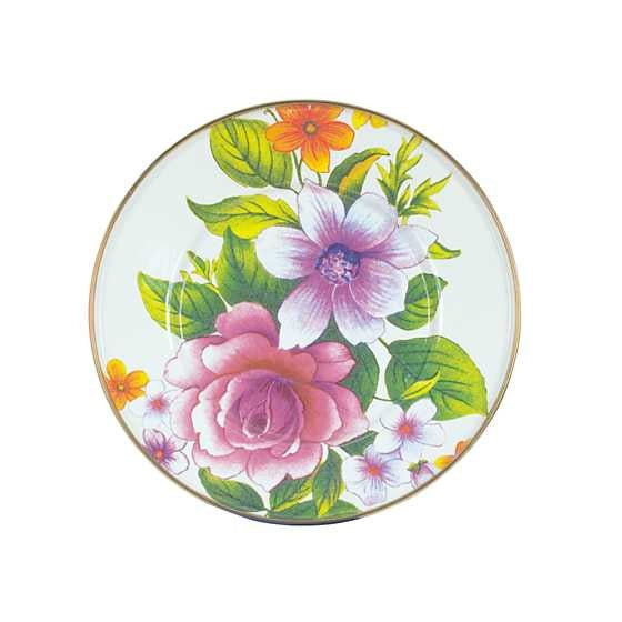 Green flower-patterned salad plate with bronzed stainless steel rim