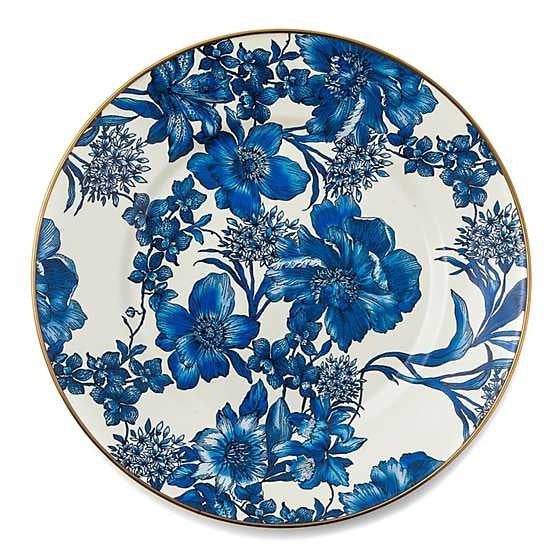 Royal English Garden blue floral enamel dinner plate with bronzed stainless steel rim