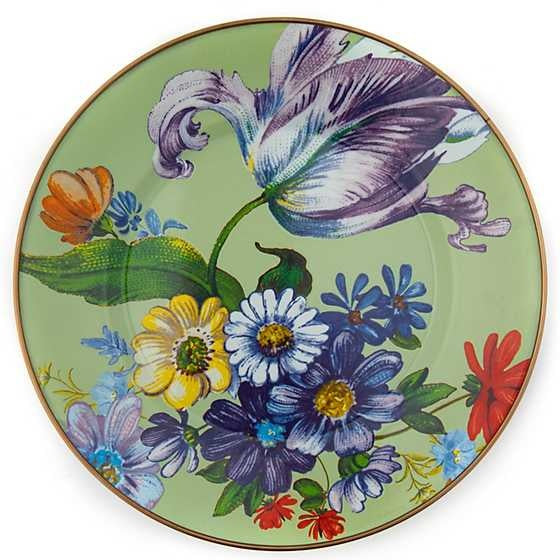 Green floral dinner plate with hand-decorated enamelware featuring garden-fresh transfers on both sides.