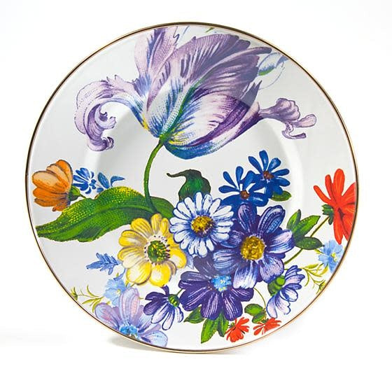 White Flower Market dinner plate with hand-applied floral transfers on both sides.