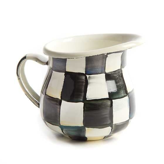 Hand-painted creamer with courtly check enamelware pattern on heavy-gauge steel